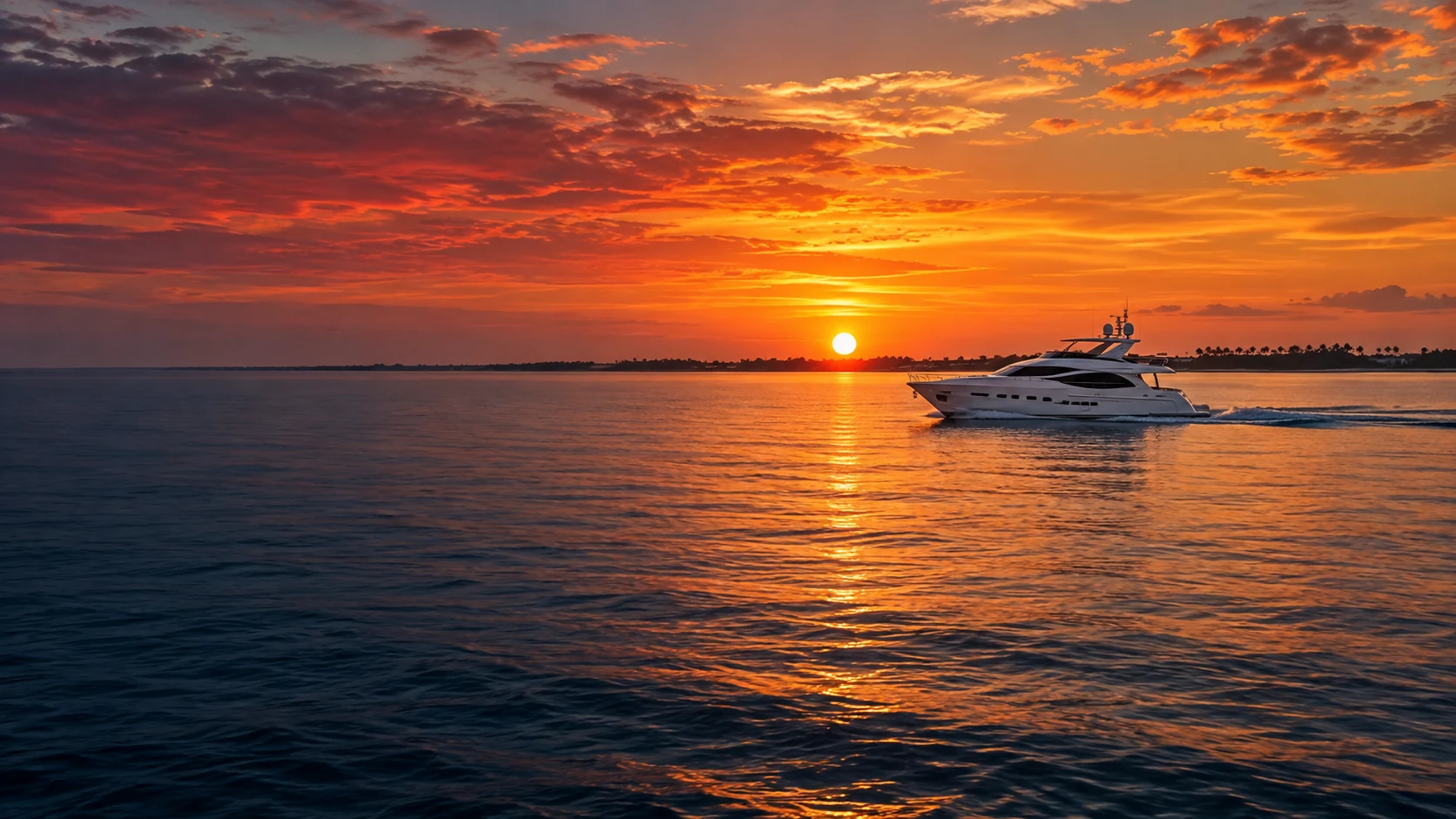 A red and gold sunset over the Florida Gulf Coast with a yacht offshore